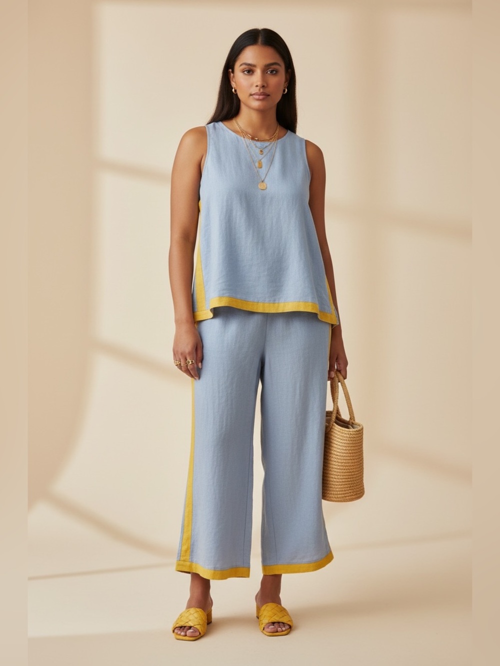 NWOT Women’s Light Blue Wide-Leg Pants with Yellow Trim